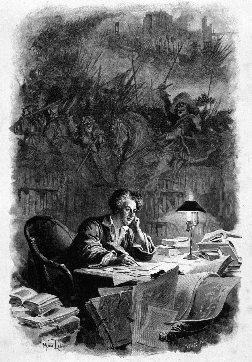 Francuski pisarz Alexandre Dumas (1802-1870) miał swoje biuro pisząc „Trzej muszkieterowie” na początku lat 40. XIX wieku. Ilustracja Maurice