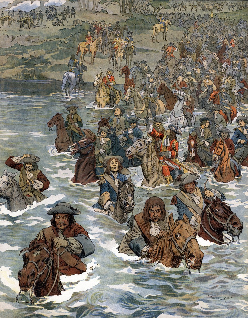 Przejście Renu (12 czerwca 1672) przez wojska Ludwika XIV znanego jako Król Słońce (Król Słońce lub Ludwik Wielki autorstwa Maurice Leloir