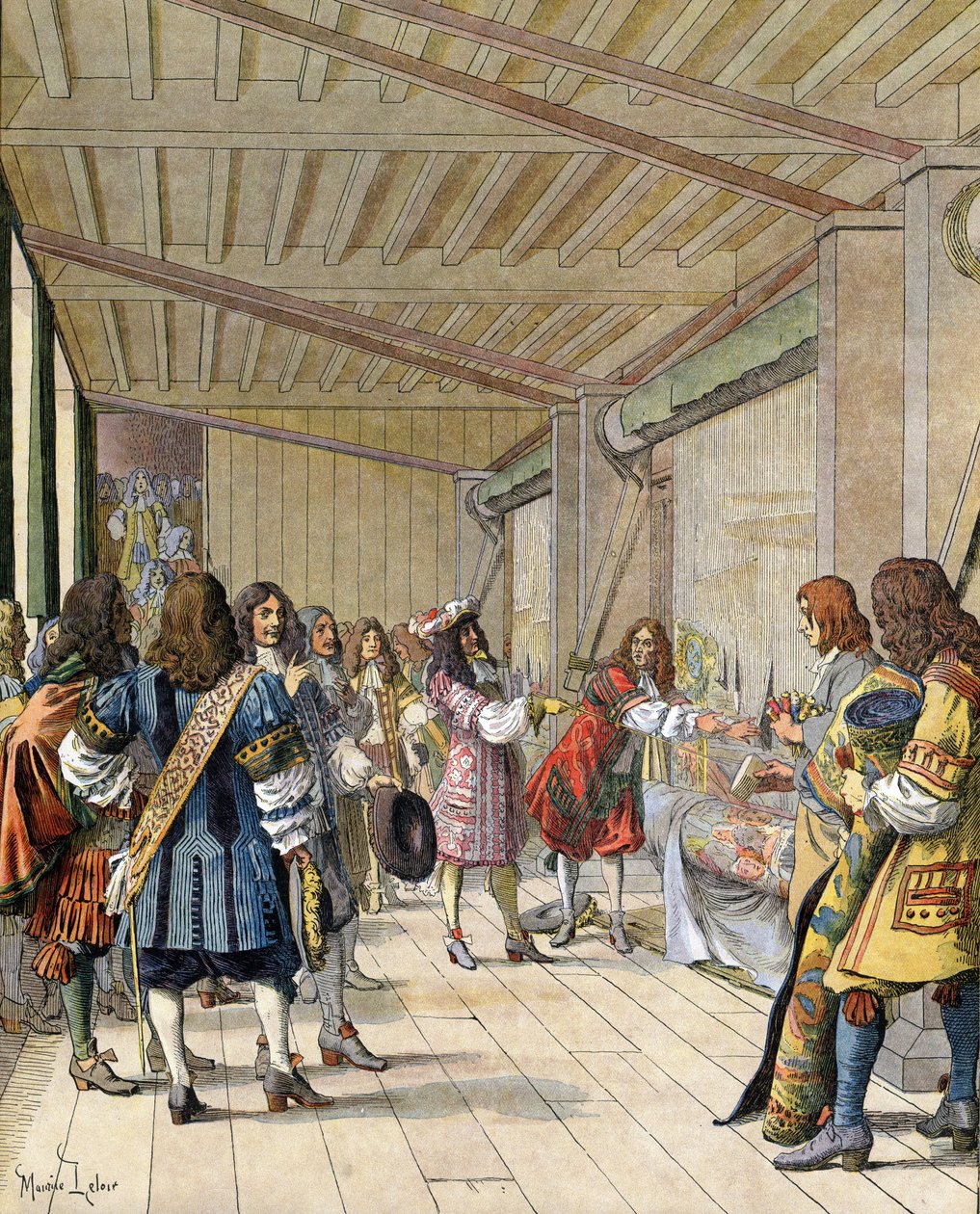 Malarz Charles Lebrun (Le Brun) (1619-1690), dyrektor manufaktury, wyjaśnił Ludwikowi XIV, znanemu jako Le Roi-Soleil (Król Soleil lub Ludwik Wielki autorstwa Maurice Leloir