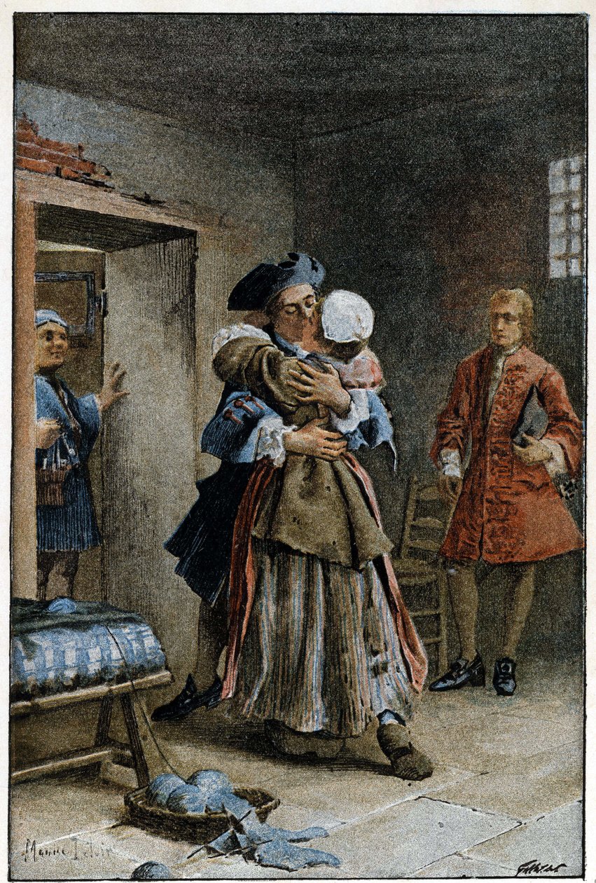Wizyta w szpitalu – w „Historii Manon Lescaut i kawalera Des Grieux”” Abbe Prevosta (1697-1763), francuskiego pisarza. Grawerowanie według rysunków Maurice