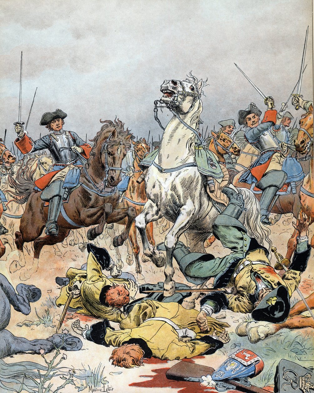 Wojna o sukcesję hiszpańską: ostatnia szarża kawalerii francuskiej w bitwie pod Malplaquet (Belgia) 11 września autorstwa Maurice Leloir
