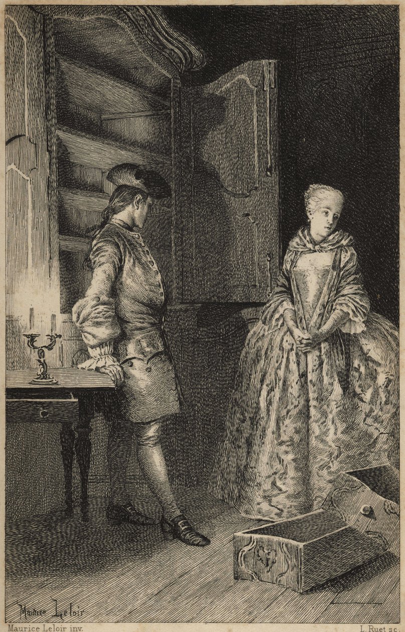 odkrycie Vol - w „Historii Manon Lescaut i kawalera Des Grieux” Abbe Prevosta (1697-1763), francuskiego pisarza. Grawerowanie według rysunków Maurice