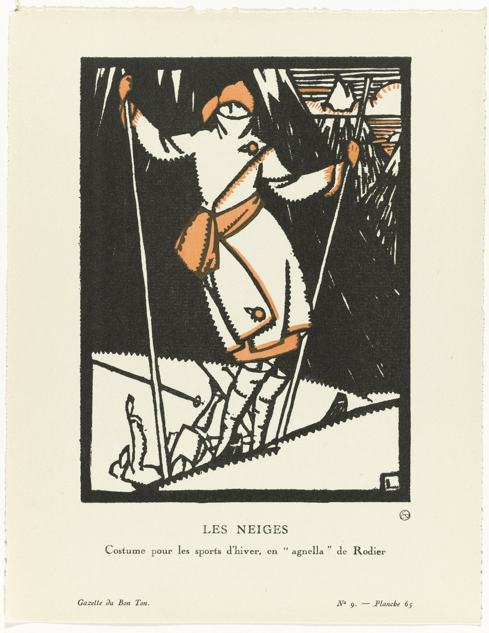 Gazette du Bon Ton, 1920 - nr 9, plac 65: Les Neiges / Kostium do sportów zimowych, enagnella autorstwa Rodiera autorstwa Maurice Leroy