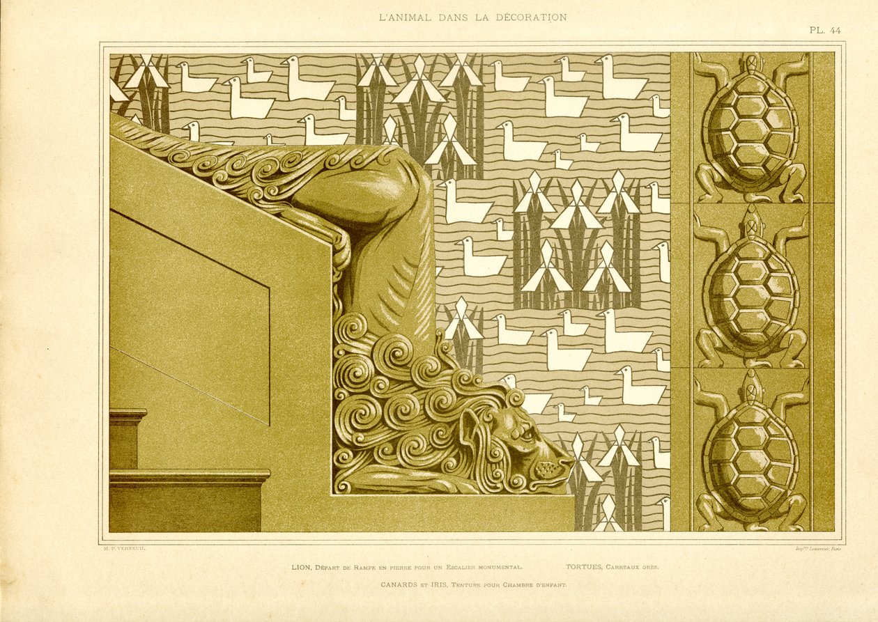 Dekoracja architektoniczna z głową lwa, kaczkami i żółwiami (litografia) autorstwa Maurice Pillard Verneuil