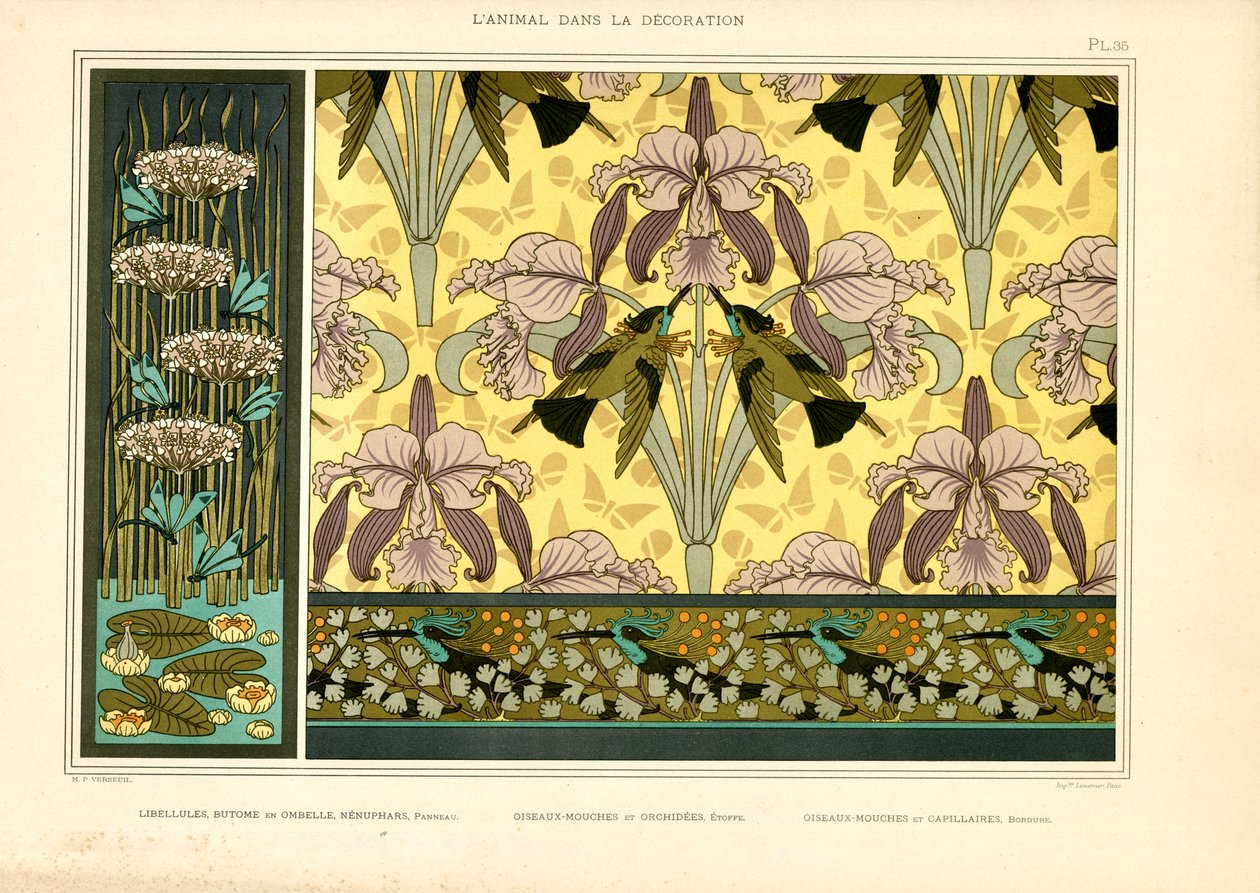 Wzory secesyjne z ważkami, orchideami i kolibrami (litografia) autorstwa Maurice Pillard Verneuil
