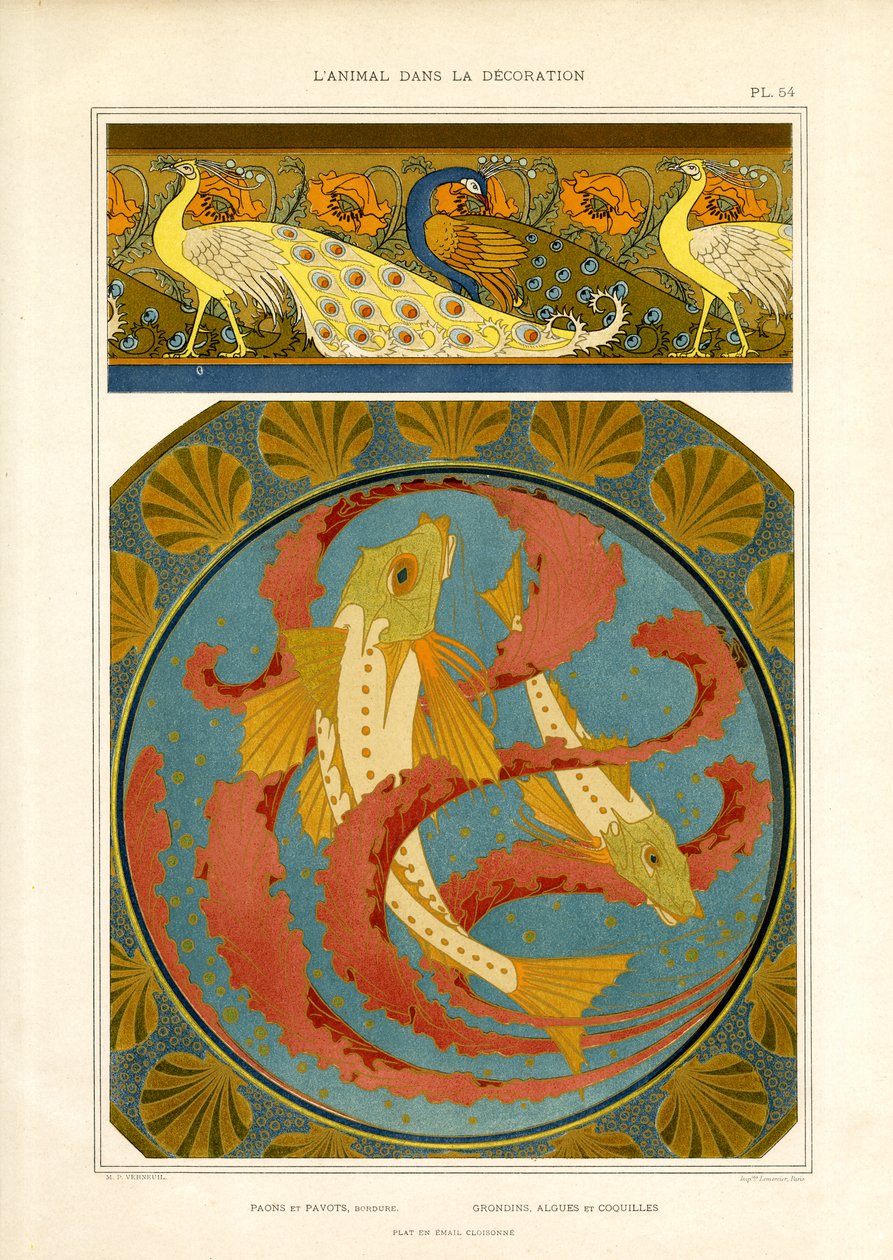 Ozdobna ramka z rybą i pawiem w stylu Cloisonné (litografia) autorstwa Maurice Pillard Verneuil