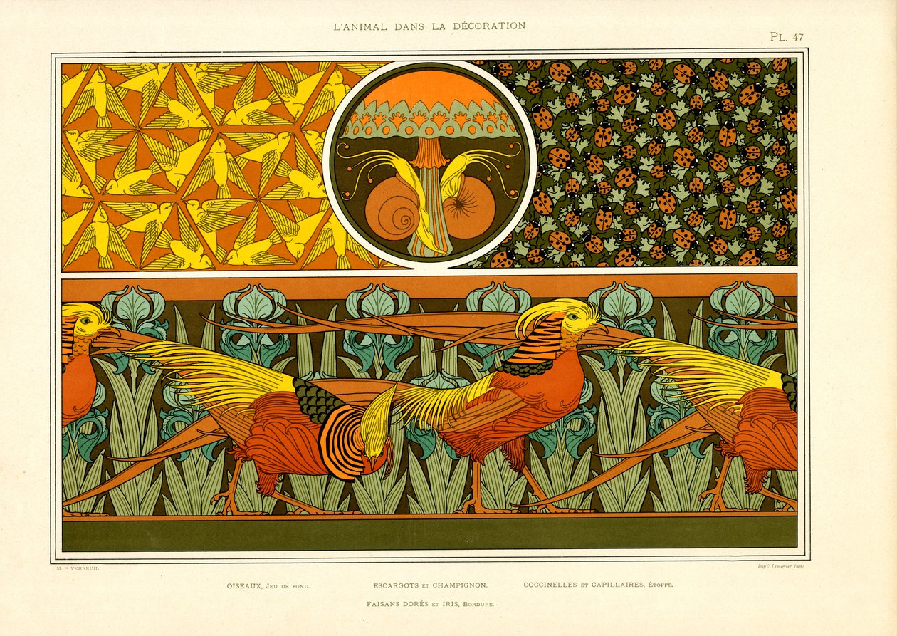 Dekoracyjne wzory ozdobne z bażantami, ptakami i biedronkami (litho) autorstwa Maurice Pillard Verneuil