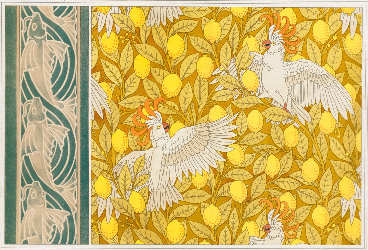 Projekt tapety Kakadu z cytrynami i obramowaniem tapety z latającą rybą, wyd. 1897. autorstwa Maurice Pillard Verneuil