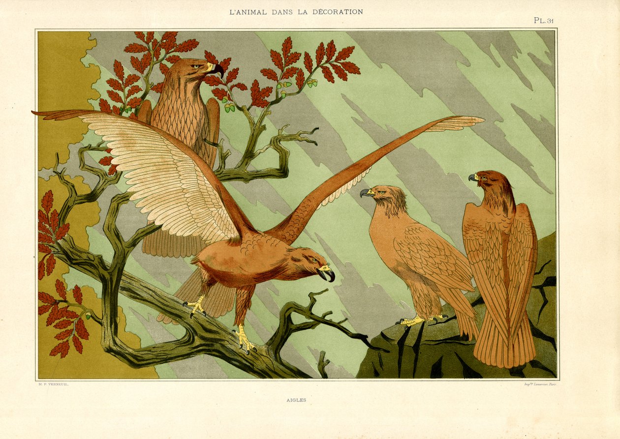 Orły w secesyjnym naturalistycznym przedstawieniu (litografia) autorstwa Maurice Pillard Verneuil
