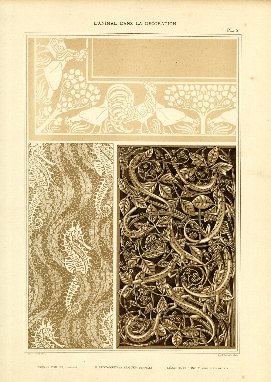 Trzyczęściowy ornament zwierzęcy z kogutem, konikami morskimi i jaszczurkami (litho) autorstwa Maurice Pillard Verneuil