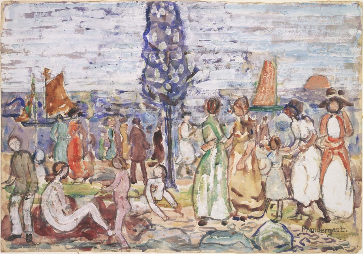 Plaża z niebieskim drzewem autorstwa Maurice Prendergast