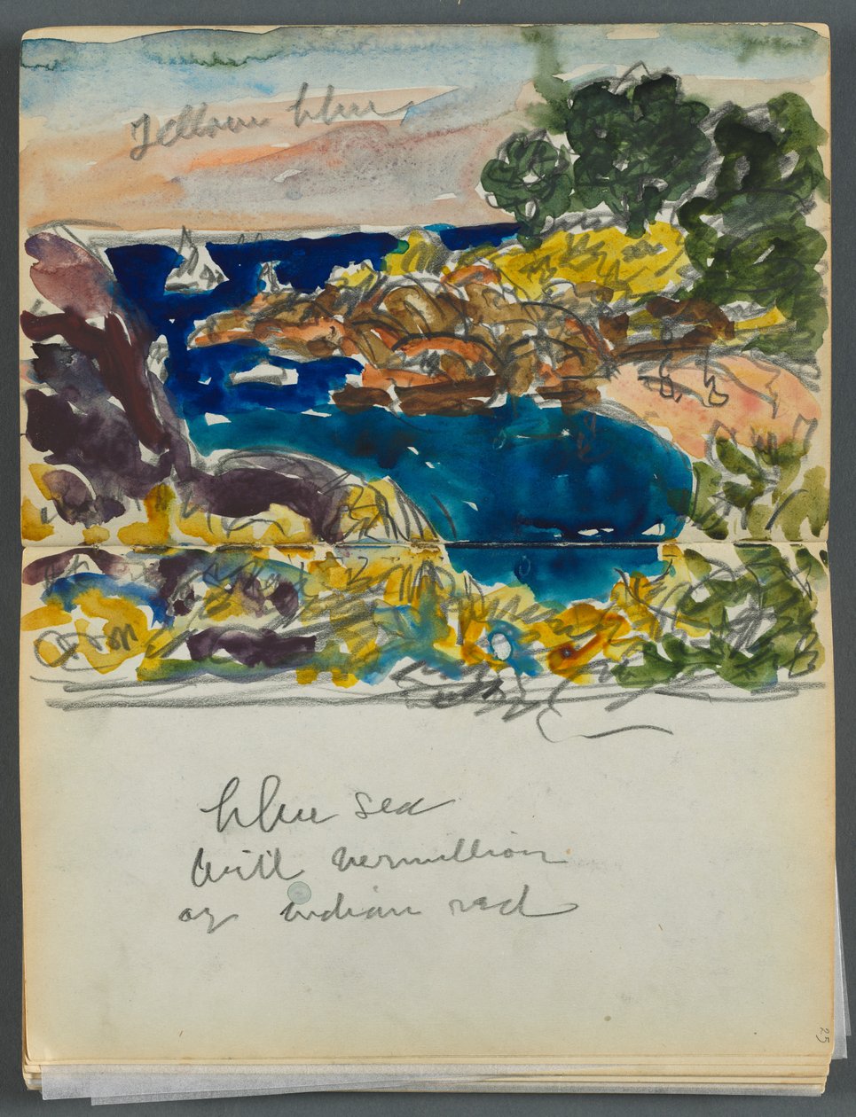 Szkicownik - The Granite Shore Hotel, Rockport, strona 024 i 25: Widok portu z kolorowymi notatkami autorstwa Maurice Prendergast