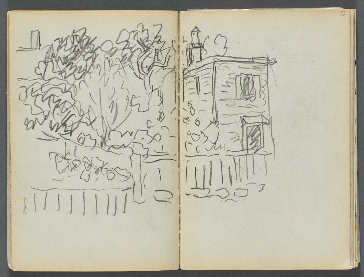 Szkicownik - The Granite Shore Hotel, Rockport, strona 054 i 55: Dom i ogrodzony ogród autorstwa Maurice Prendergast