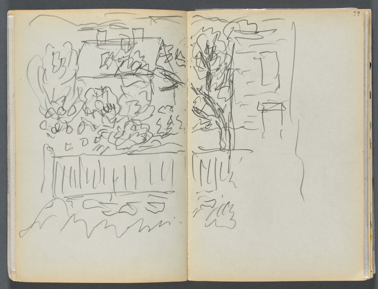 Szkicownik - The Granite Shore Hotel, Rockport, strona 058 i 59: Dom i ogrodzony ogród autorstwa Maurice Prendergast