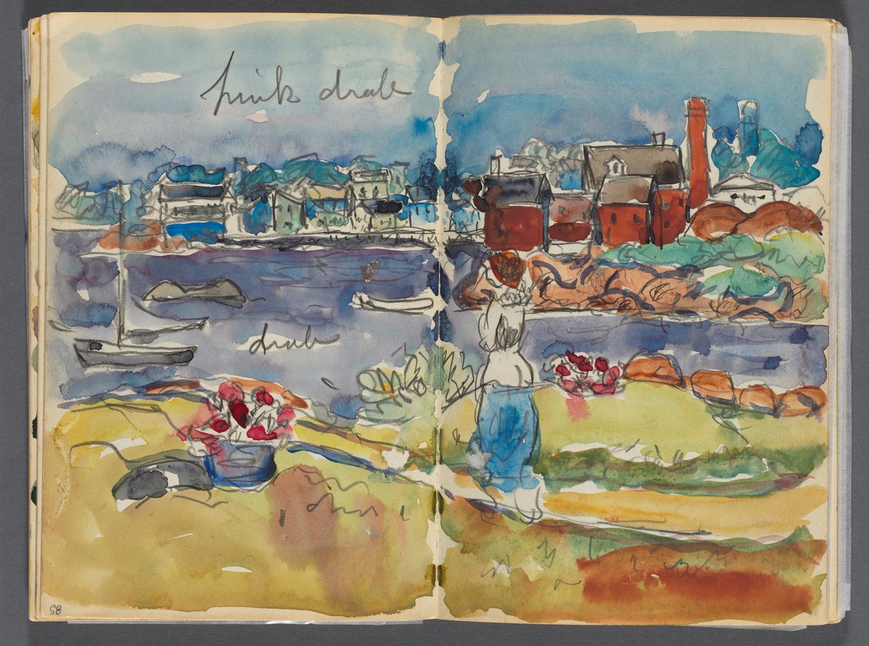 Szkicownik - The Granite Shore Hotel, Rockport, strona 084 i 85: Widok portu z kolorowymi notatkami autorstwa Maurice Prendergast