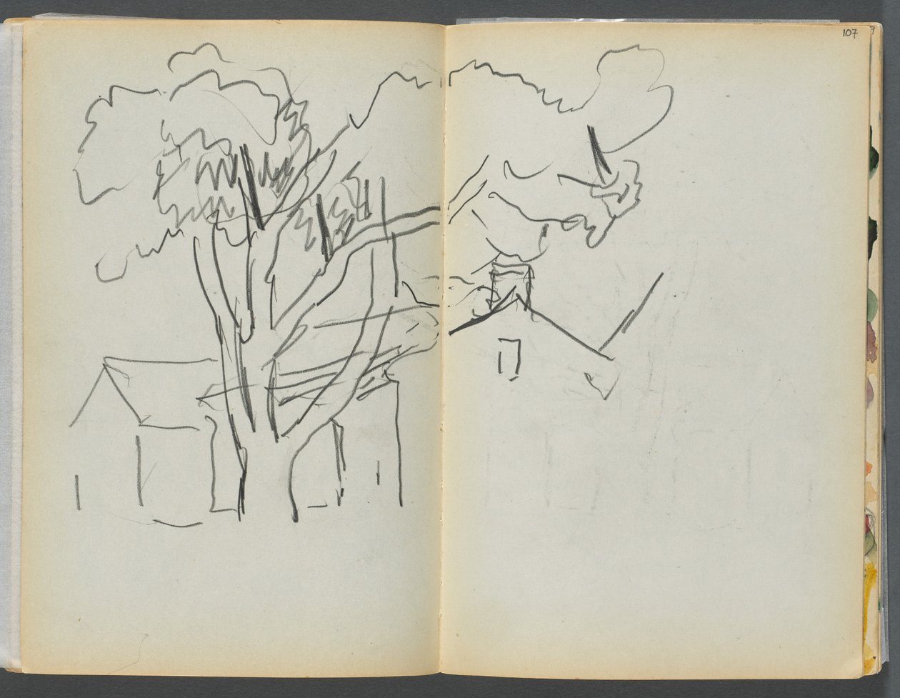 Szkicownik - The Granite Shore Hotel, Rockport, strony 106 i 107: Drzewo z domami autorstwa Maurice Prendergast