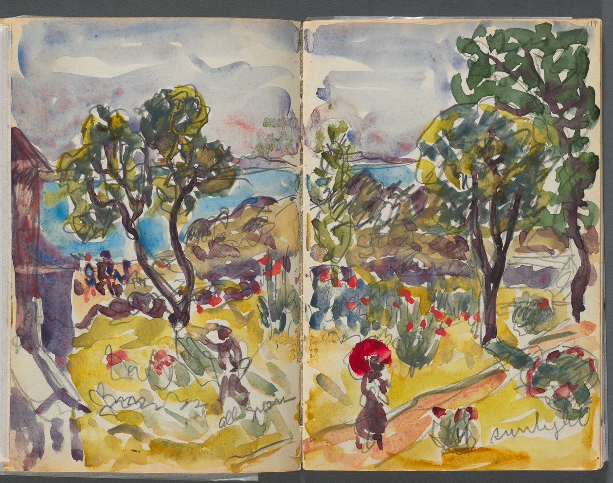 Szkicownik - The Granite Shore Hotel, Rockport, strony 118 i 119: widok ogrodu z adnotacjami autorstwa Maurice Prendergast