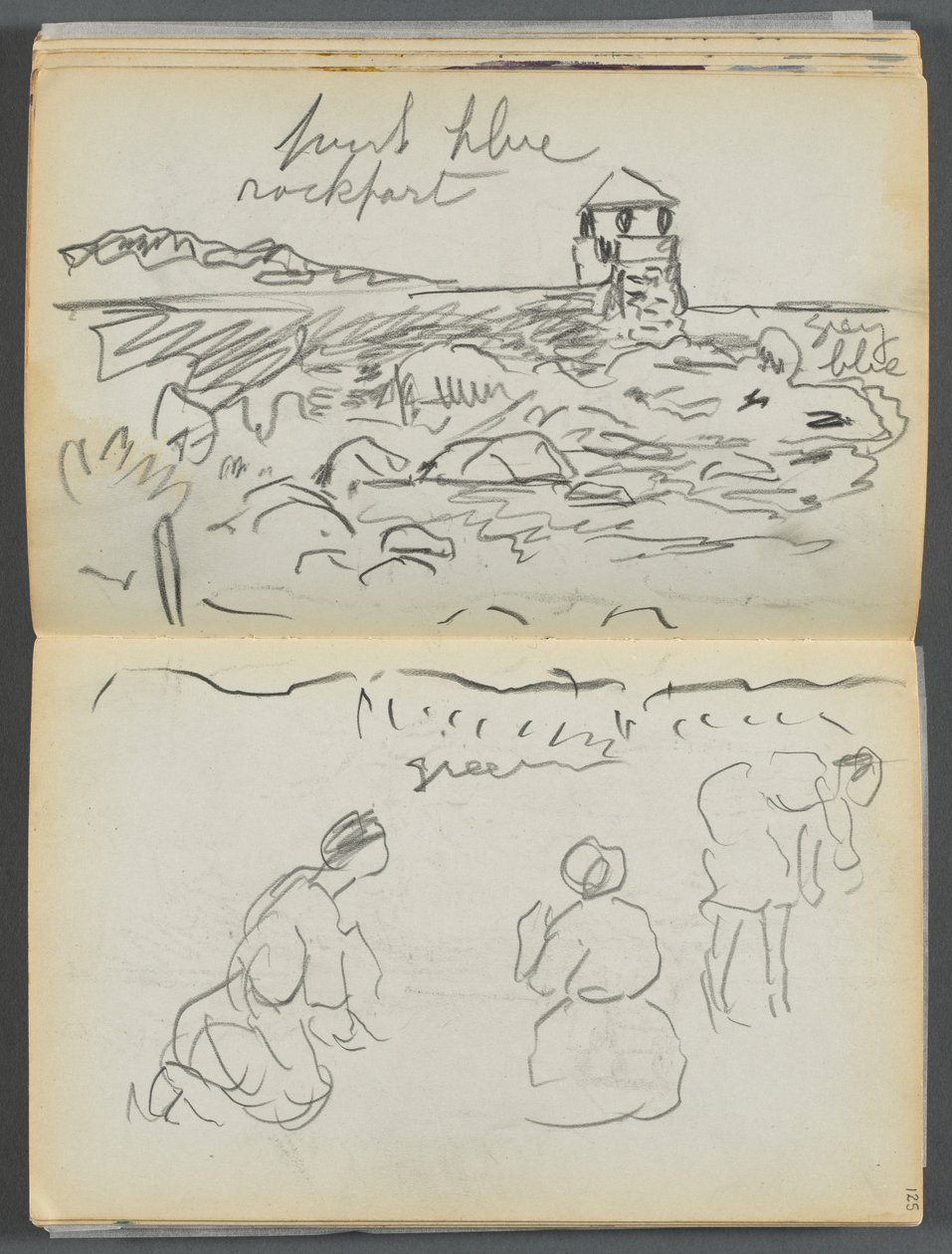 Szkicownik - Hotel Granite Shore, Rockport, strona 124 i 125: Latarnia morska Rockport i postacie na brzegu autorstwa Maurice Prendergast