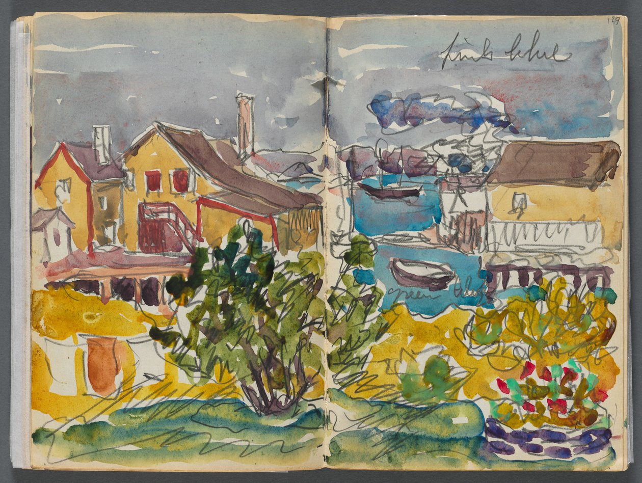 Szkicownik - Hotel Granite Shore, Rockport, strona 128 i 129: Domy w porcie autorstwa Maurice Prendergast
