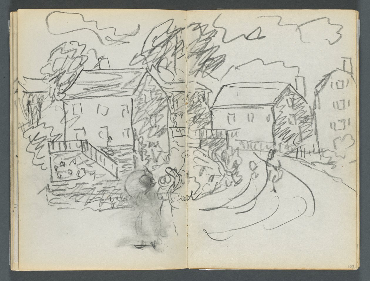 Szkicownik, The Dells, nr 127, strony 102 i 103: Krajobraz z domami i drogą autorstwa Maurice Prendergast