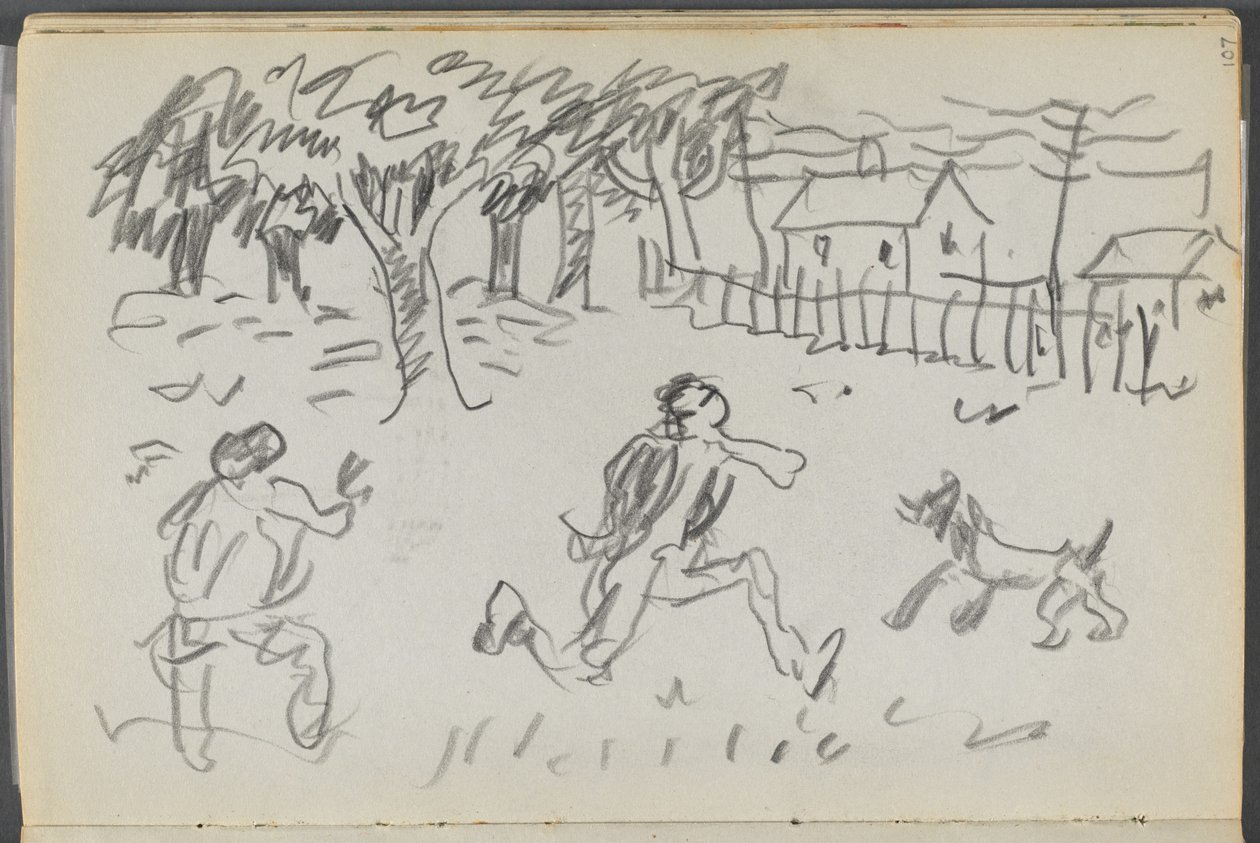 Szkicownik, The Dells, nr 127, strona 107: Krajobraz z postaciami i psem autorstwa Maurice Prendergast