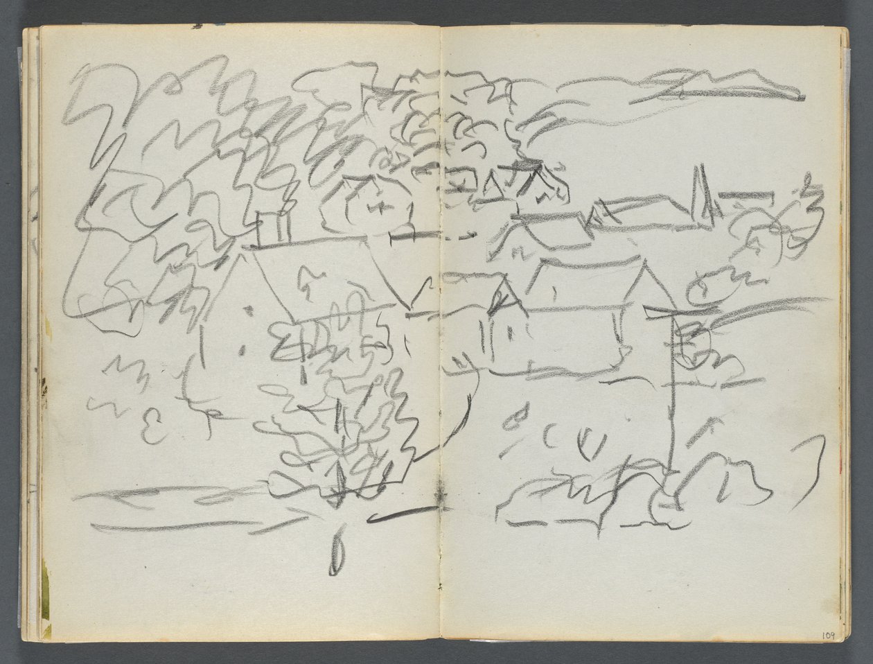 Szkicownik, The Dells, nr 127, strony 108 i 109: Krajobraz z domami autorstwa Maurice Prendergast