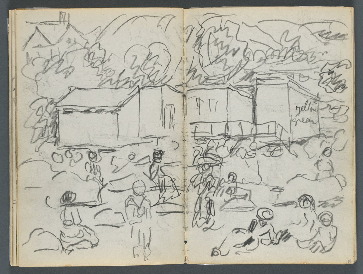 Szkicownik, The Dells, nr 127, strony 114 i 115: Krajobraz z postaciami i budynkami autorstwa Maurice Prendergast