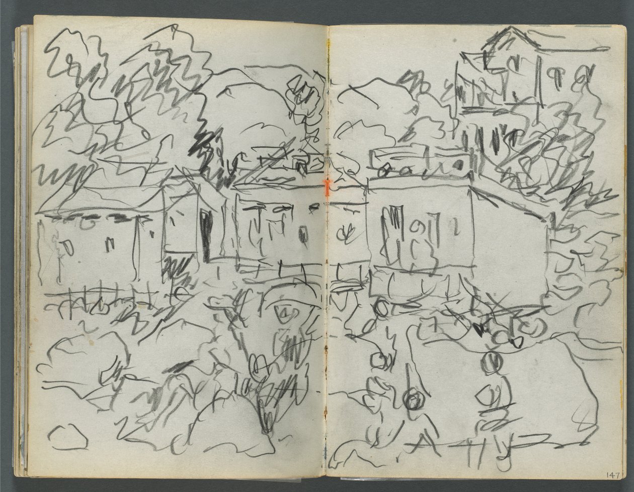 Szkicownik, The Dells, nr 127, strony 146 i 147: Krajobraz z postaciami i budynkami autorstwa Maurice Prendergast