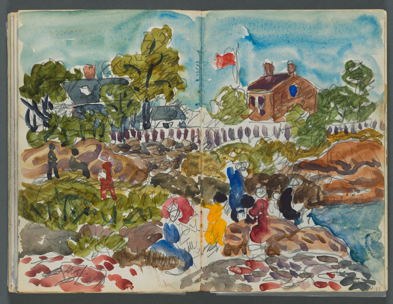 Skizzenbuch, The Dells, Nr. 127, Seite 156 & 157: Küstenlandschaft mit Figuren autorstwa Maurice Prendergast