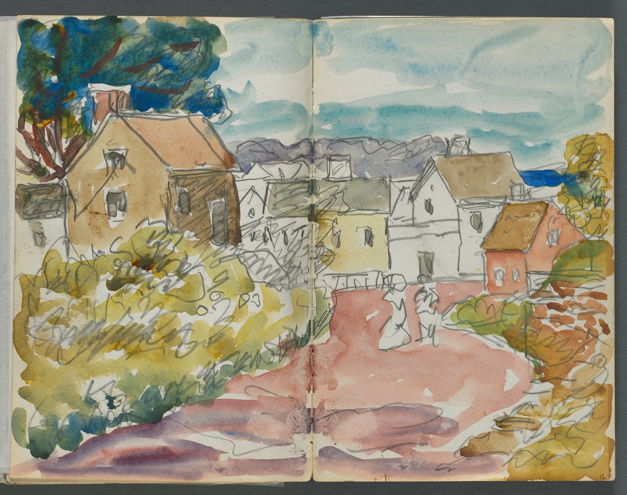 Szkicownik, The Dells, nr 127, strony 166 i 167: Wieś z domami i drogą autorstwa Maurice Prendergast