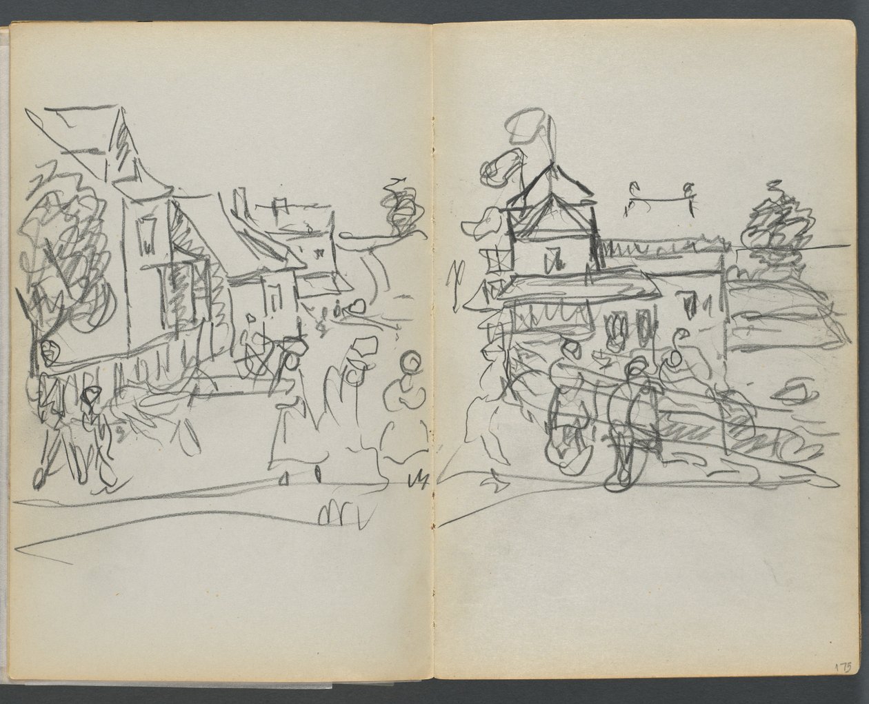 Szkicownik, The Dells, nr 127, strony 174 i 175: Wioska z domami i drogą autorstwa Maurice Prendergast