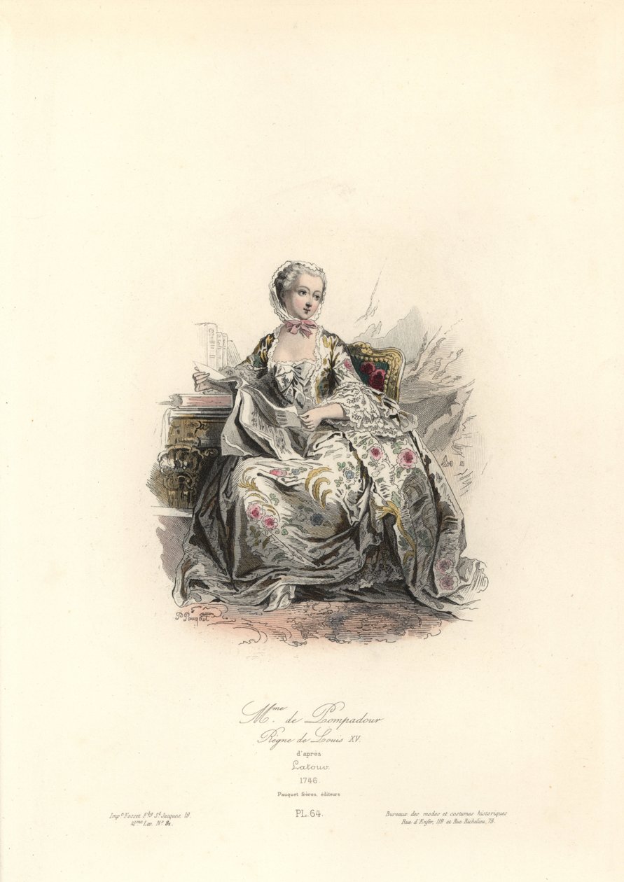 Jeanne-Antoinette Poisson, Madame de Pompadour (1721-1764) była główną kochanką króla Ludwika XV. Ręcznie kolorowana stalowa rycina autorstwa Polidora Pauqueta według Maurice