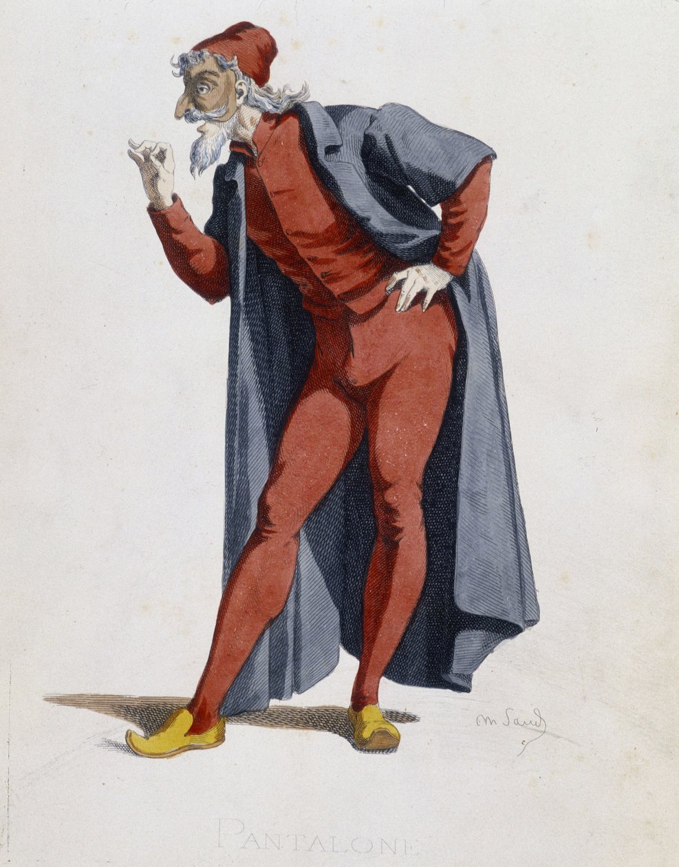 Kostium i postać teatralna: Pantalone (spodnie, lekarz) Tyre z „”Masques et bouffons”” (komedia włoska), tekst i rysunki Maurice Sand, ryciny A. Manceau, przedmowa Georges Sand, Paryż, Michel Lévy Frères autorstwa Maurice Sand
