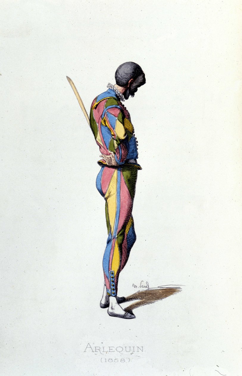 Arlekin w 1858 r. Maurice Sand „Maski i Błaznów” Paryż XIX wiek. (Maurice Sand był synem George Sand) autorstwa Maurice Sand