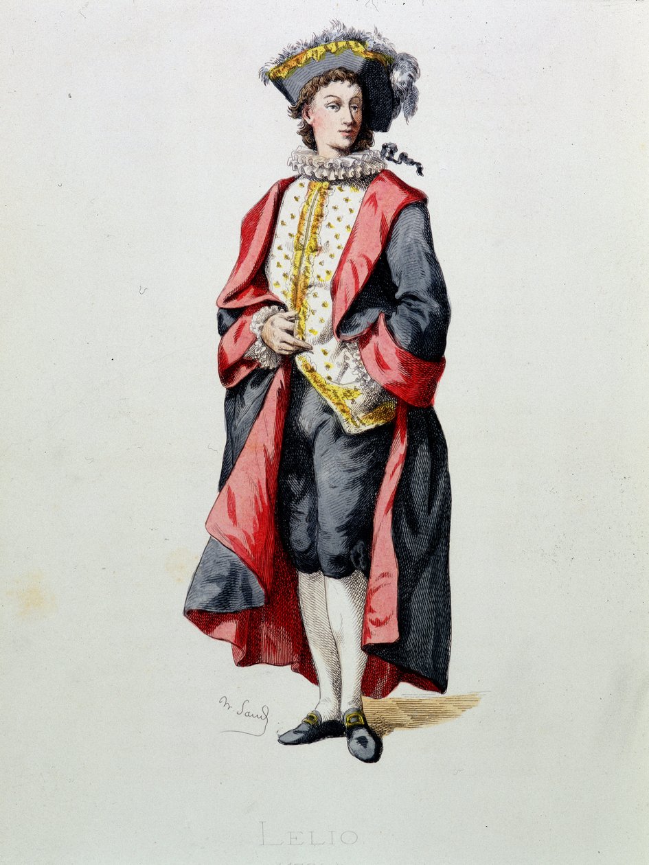 Lelio czerpie z „Masques et bouffons” (komedia włoska), tekst i rysunki Maurice Sand (1823-1890), ryciny A. Manceau, przedmowa Georges Sand, Paryż, Michel Levy Freres autorstwa Maurice Sand