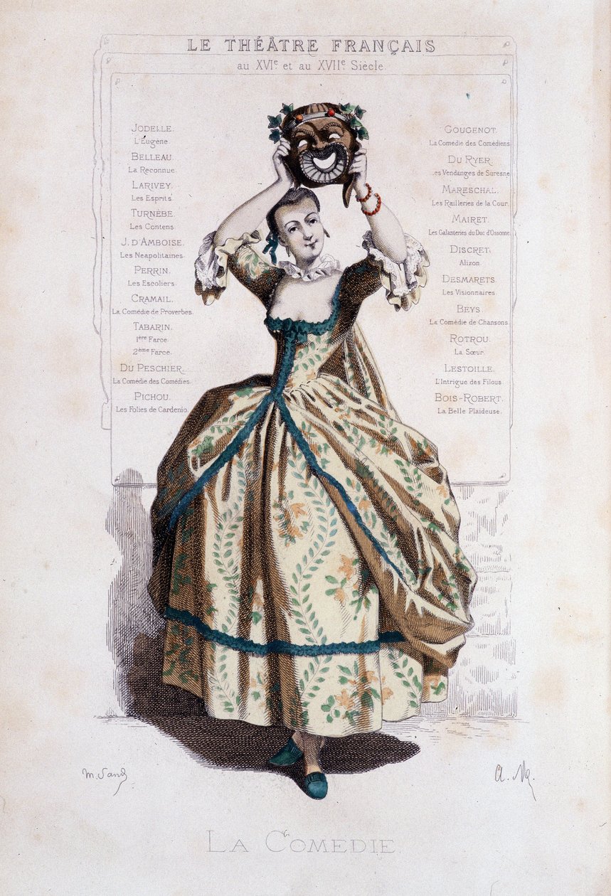 Personifikacja komedii del arte. - Frontyspis „Masques et bouffons” (komedia włoska), tekst i rysunki Maurice Sand (= Maurice Dudevant), ryciny A. Manceau, przedmowa Georges Sand, Paryż, Michel Lévy Frères autorstwa Maurice Sand