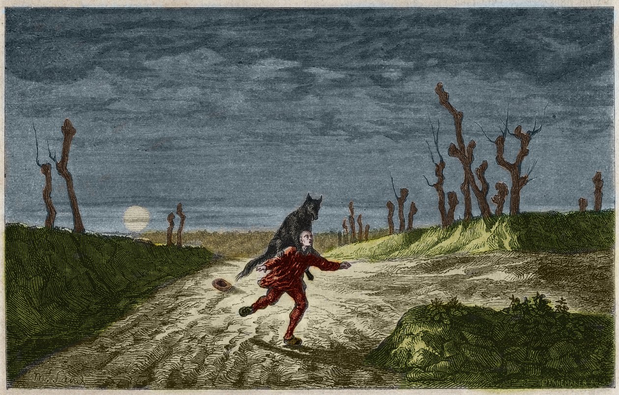Wilkołak (Wilkołak, lupo mannaro) grawerowanie według obrazu Maurice Sand. Grawerowanie z 1857 roku. autorstwa Maurice Sand