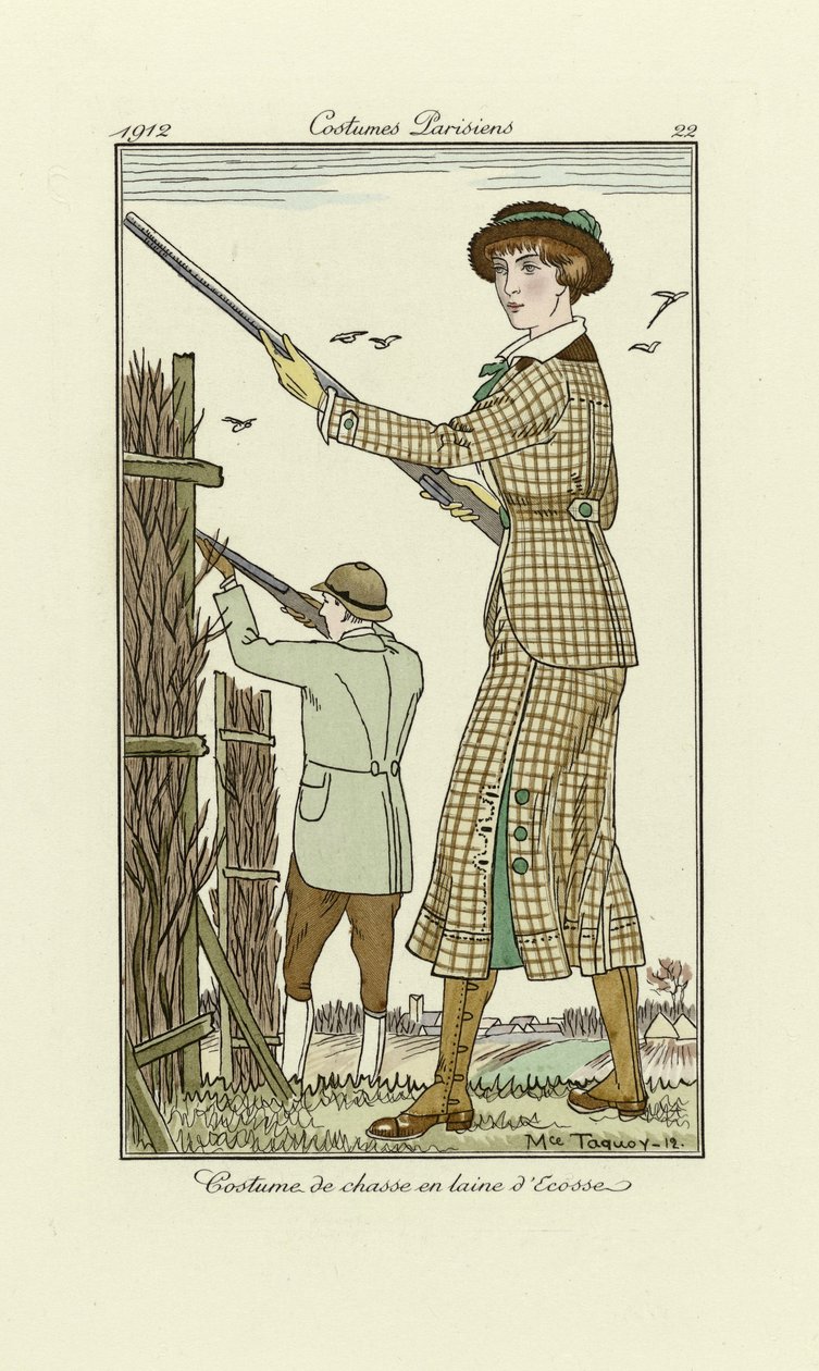 Projekt damskiego tweedowego stroju strzeleckiego, z Costumes Parisien, wyd. 1912 (druk pochórowy) autorstwa Maurice Taquoy