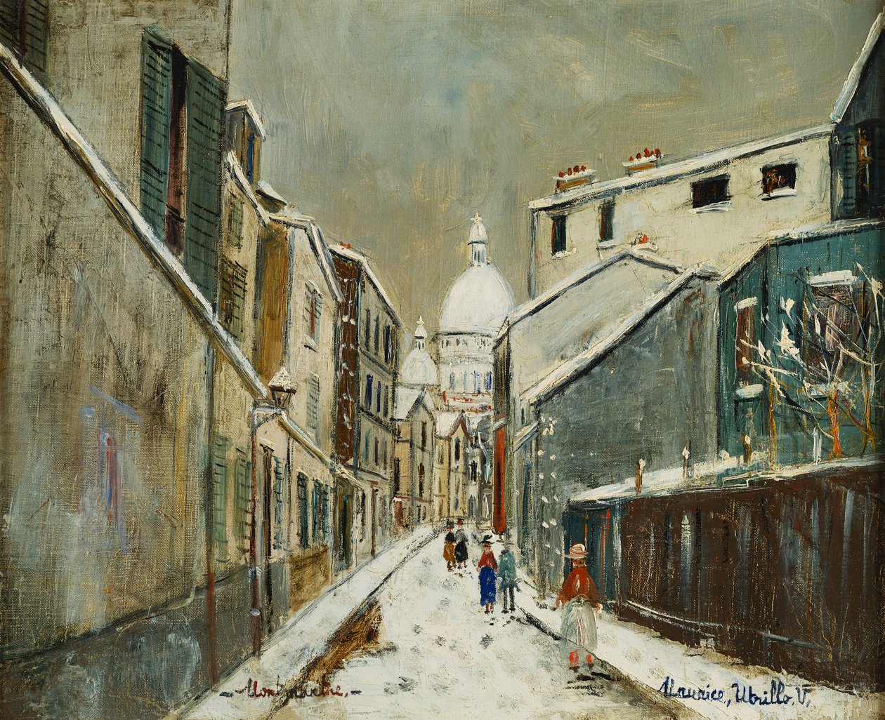 Ulica St. Rustique pod śniegiem, Montmartre, ok. 1939 r. (olej na płótnie) autorstwa Maurice Utrillo