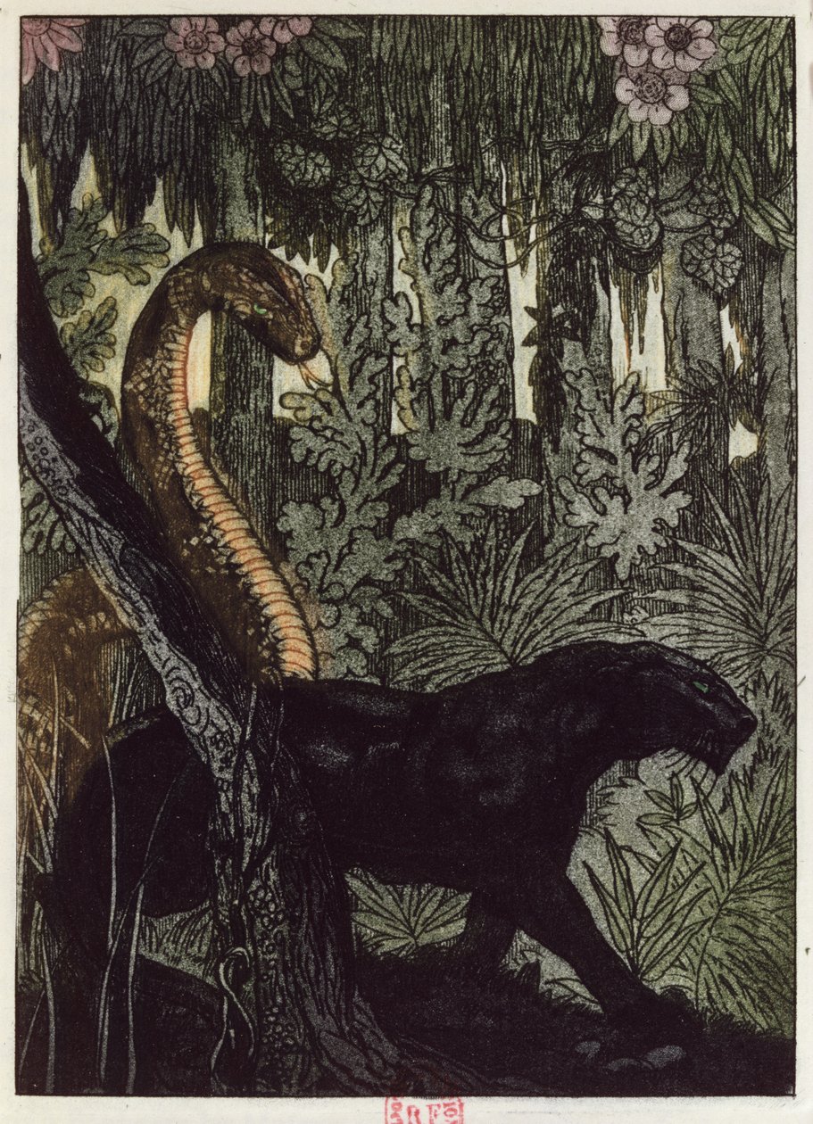 Polowanie Kaa, ilustracja z "Księgi dżungli" Rudyarda Kiplinga (1865-1936) wydanej w Paryżu w 1930 r. autorstwa Maurice de Becque