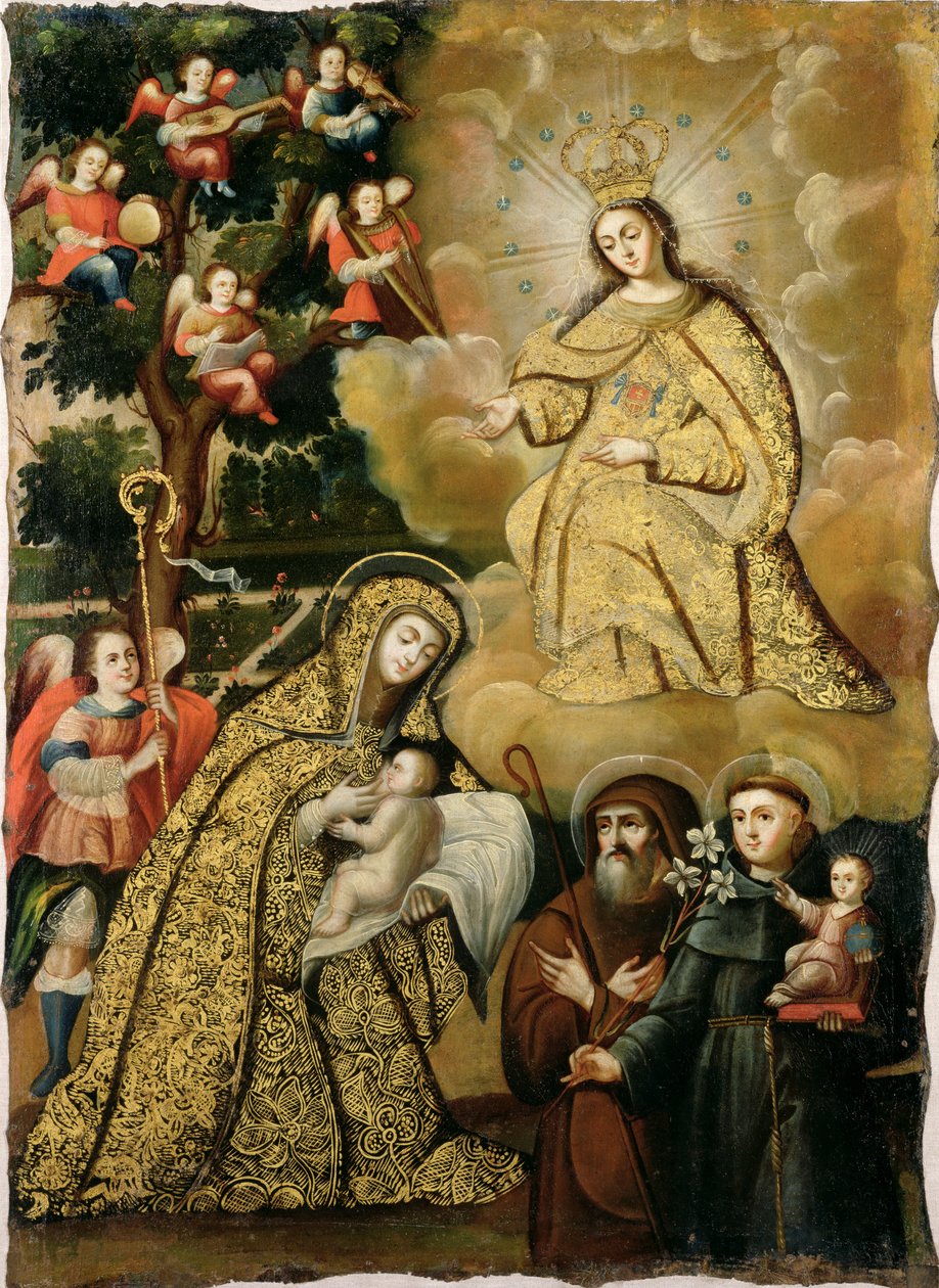Wizja Matki Boskiej Miłosiernej z Trzema Świętymi, połowa XVIII w. autorstwa Mauricio school of Garcia