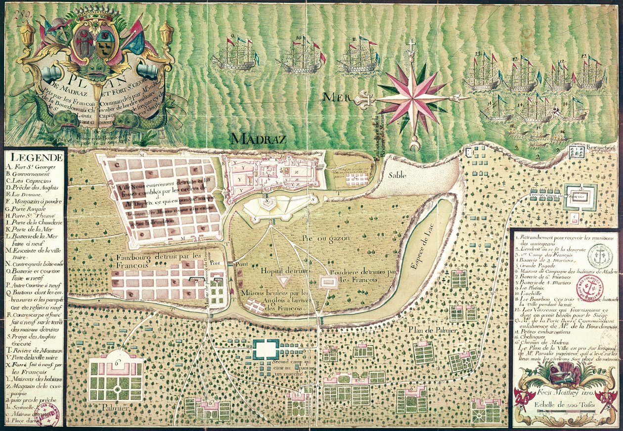 Mapa Madrasu w czasie zdobycia miasta i fortu św. Jerzego w 1746 roku przez Francuzów pod dowództwem Mahe de la Bourdonnais, 1750 9kolorowy grawerunek) autorstwa Maurille Antoine Moithey