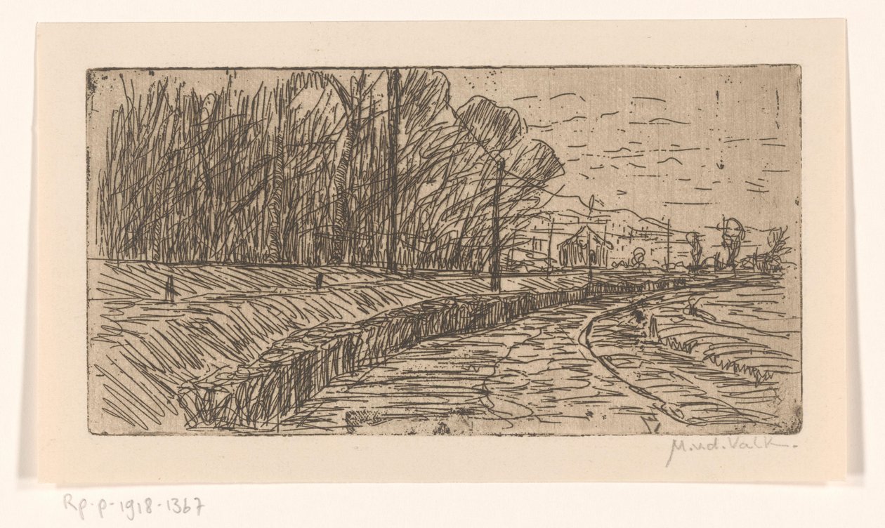 Krajobraz z drogą, krawędzią lasu i słupami elektrycznymi autorstwa Maurits van der Valk (signed by artist)