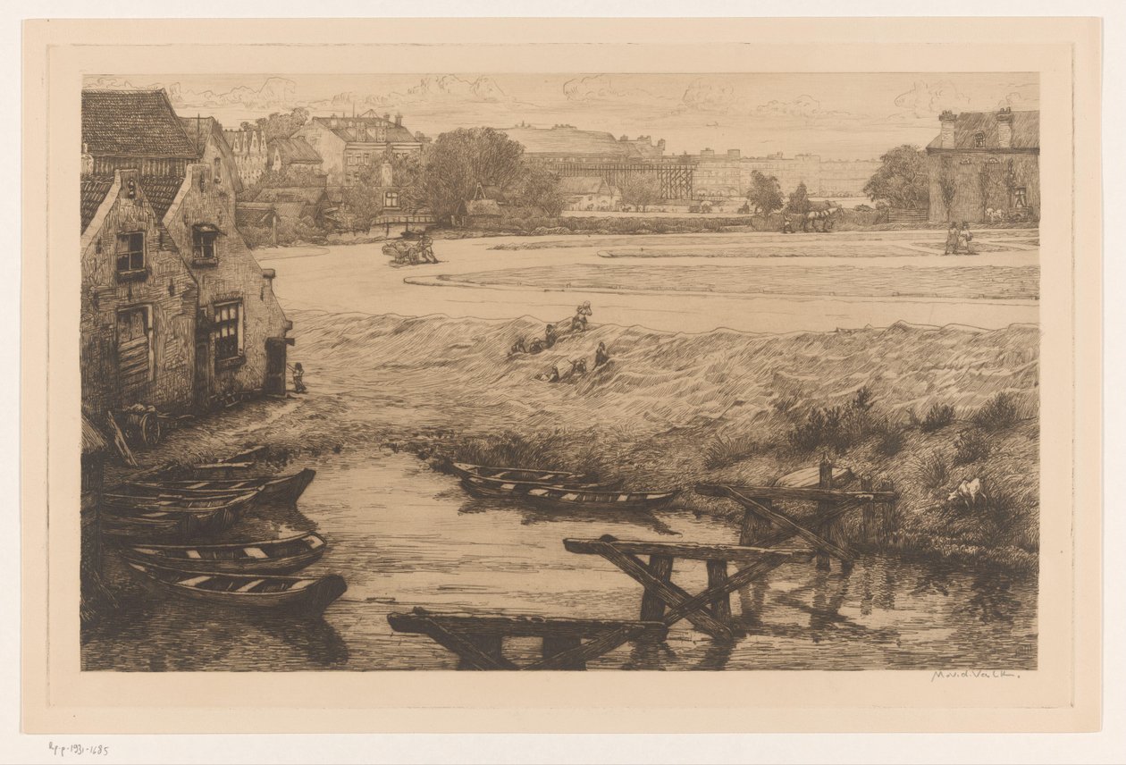 Stare domy i woda na Surinameplein w Amsterdamie Surinamplein (tytuł oryginalny) autorstwa Maurits van der Valk (signed by artist)