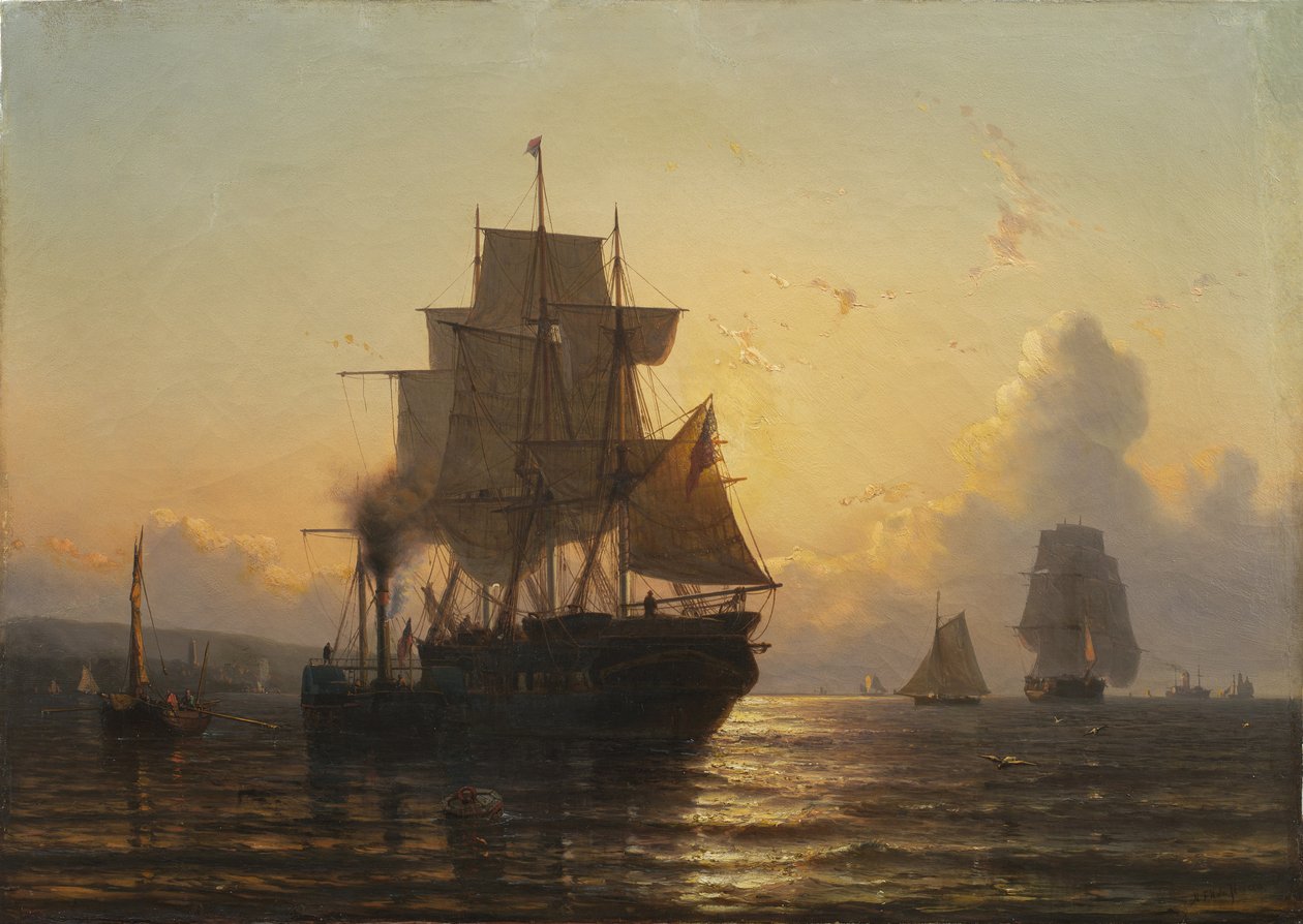 Tropikalny zachód słońca nad morzem, 1861 olej na płótnie autorstwa Mauritz Frederik Hendrik De Haas