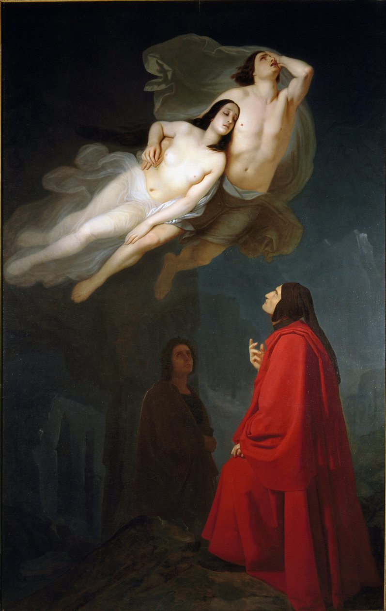 Dante i Virgil spotykają Francescę da Rimini i jej szwagra Paolo Malatestę, winnego cudzołóstwa, w kręgu pożądania w Zaświatach. autorstwa Maurizio Frascheri