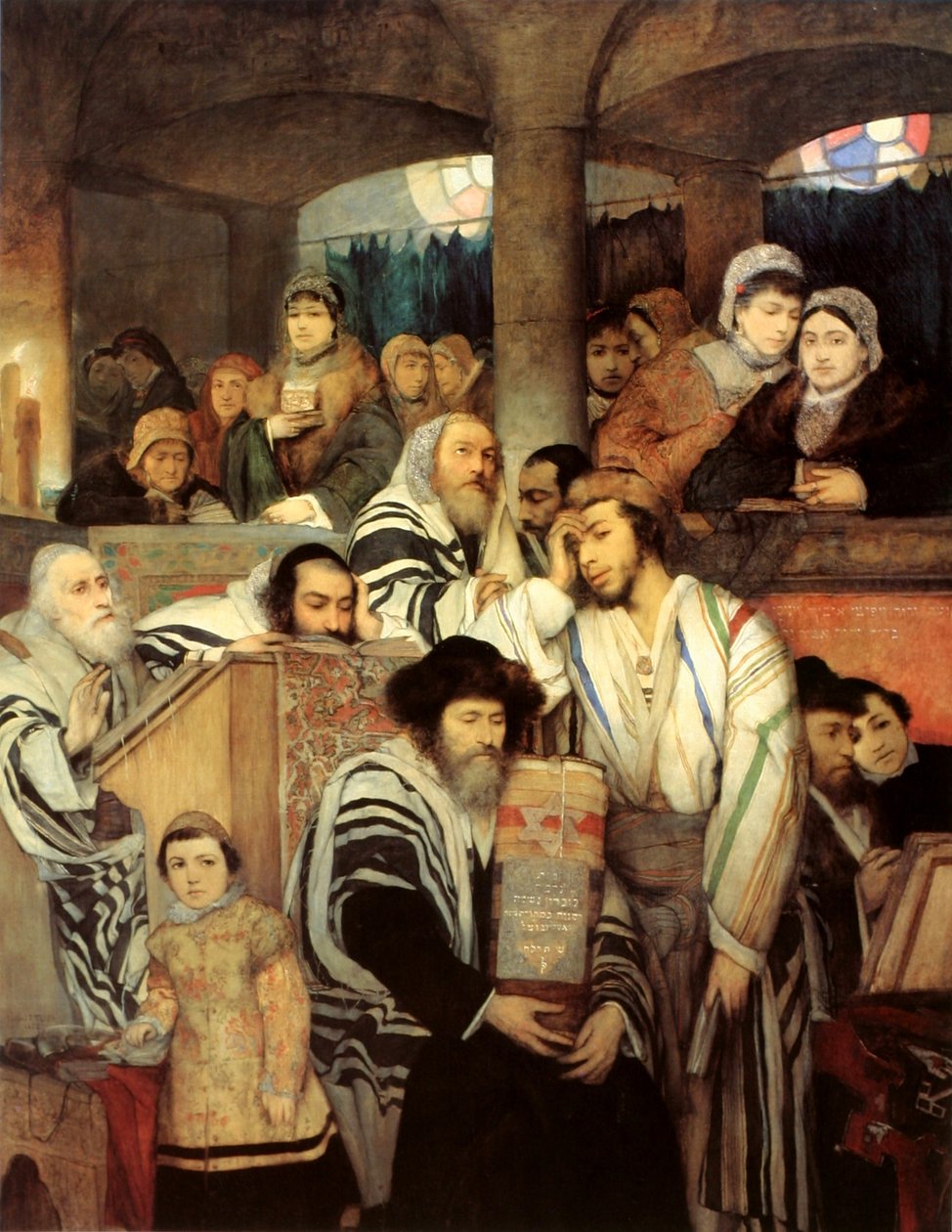 Żydzi modlący się w synagodze w święto Jom Kippur autorstwa Maurycy Gottlieb