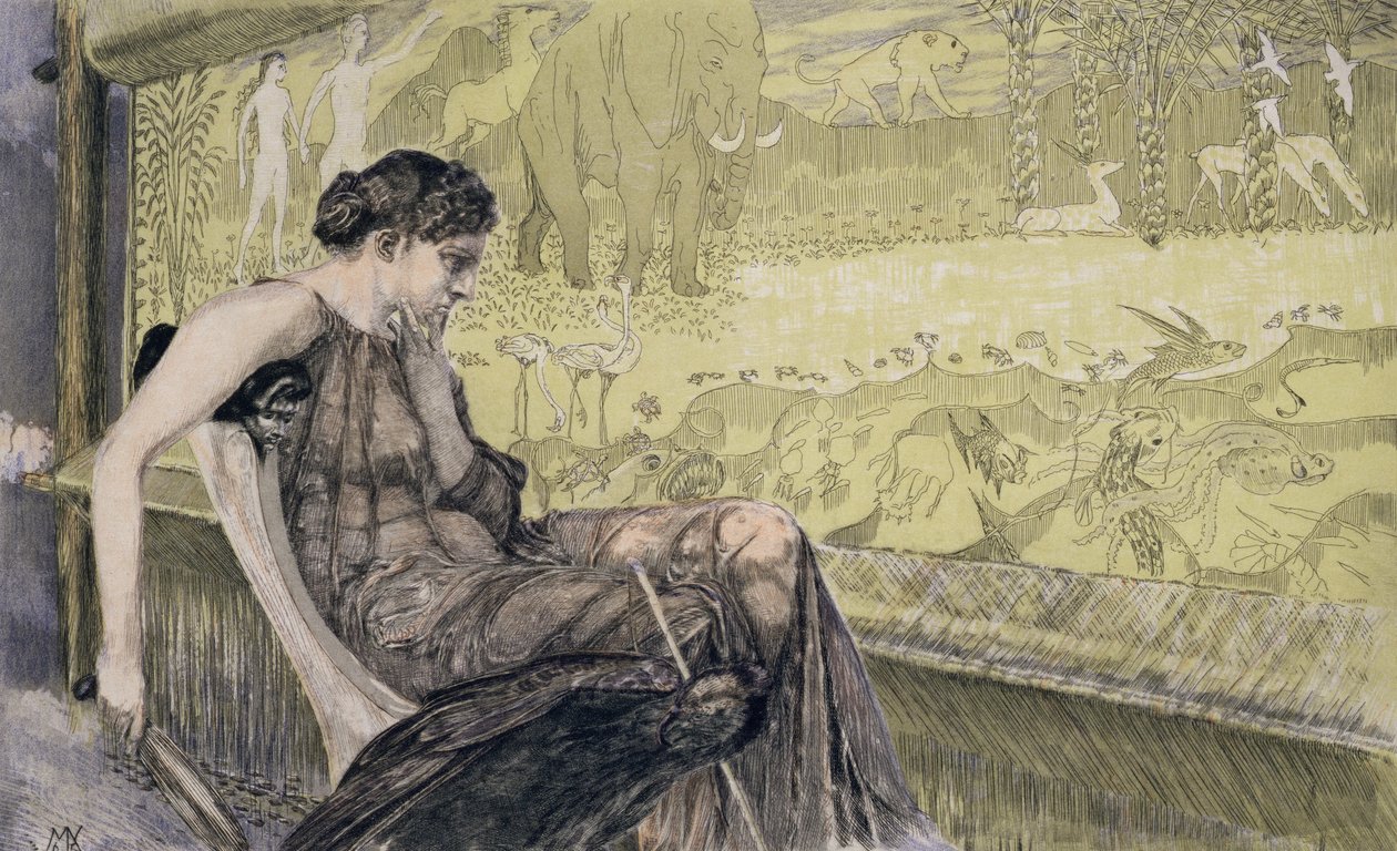 Penelopa tkająca całun dla Laertesa, swego teścia, w oczekiwaniu na powrót męża Odyseusza, 1895 (kolorowa akwaforta) autorstwa Max Klinger