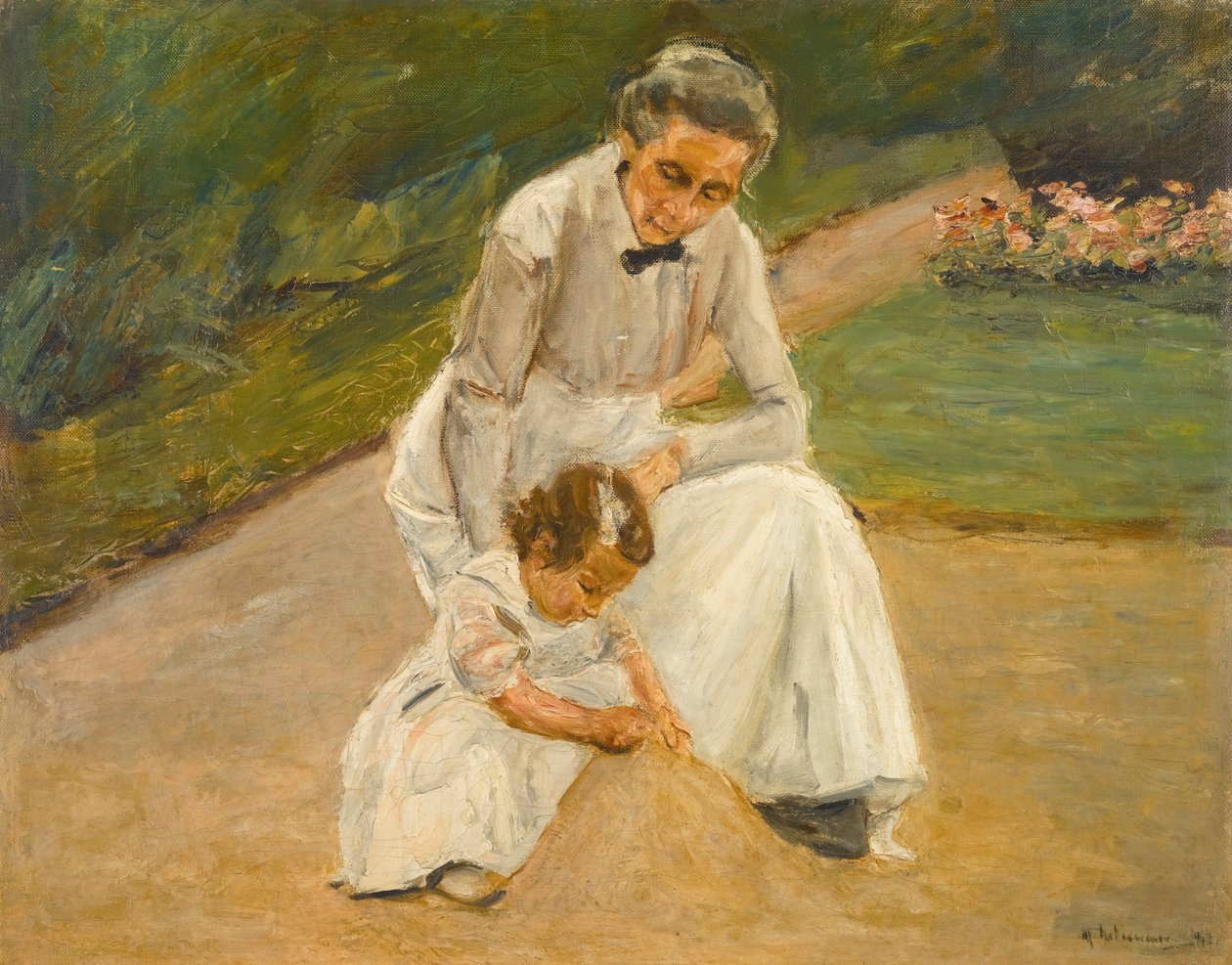 Wnuczka i niania bawią się w ogrodzie autorstwa Max Liebermann