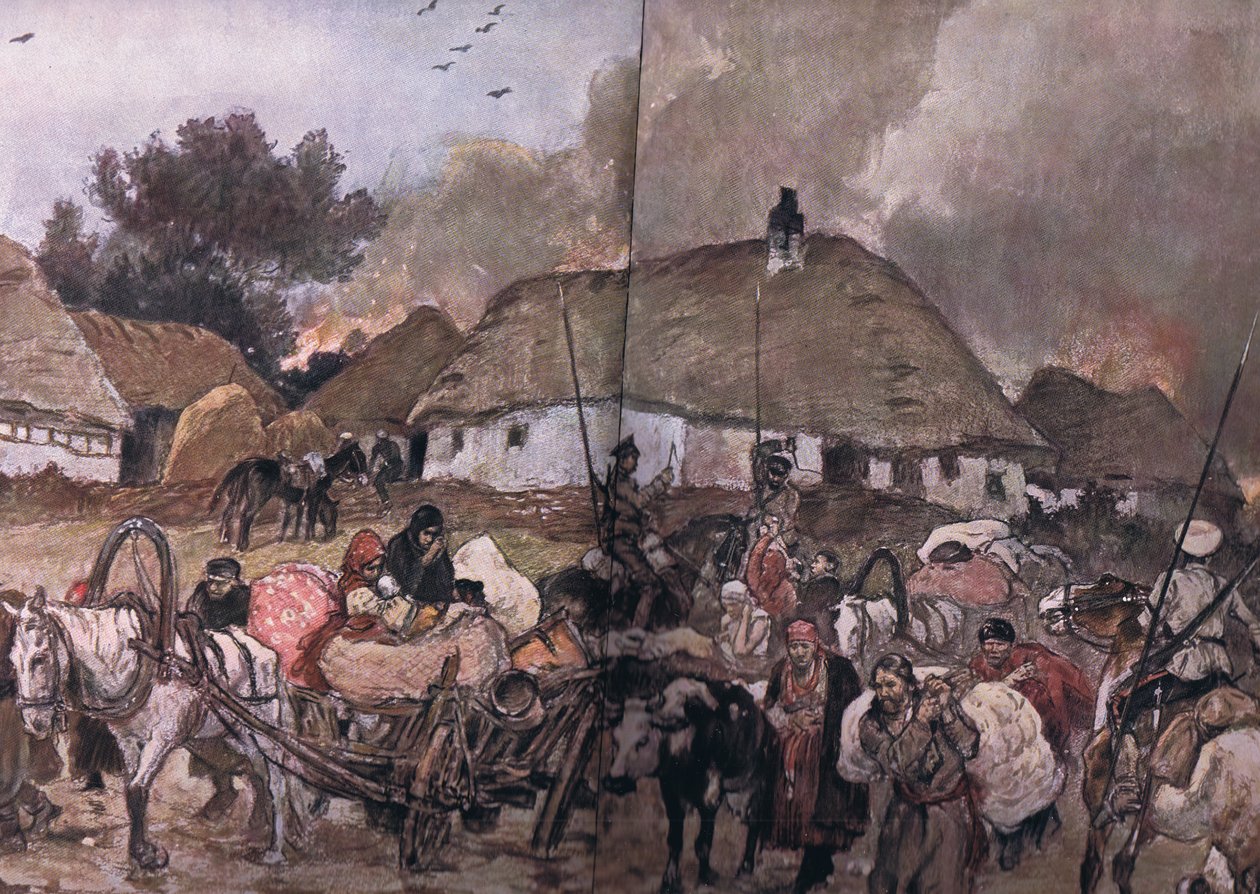 W drodze do Brześcia-Litowskiego: polscy uchodźcy z Kozakami na tyłach, z Ilustrowanej Historii Wojny Światowej 1914-1915 wyd. przez Union Berlagsefellfchaft, 1922 t. 3 autorstwa Max Tilke